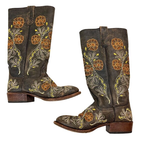 Macie Bean Boots women's 8 brown leather white yellow orange floral embroidered - Picture 2 of 13